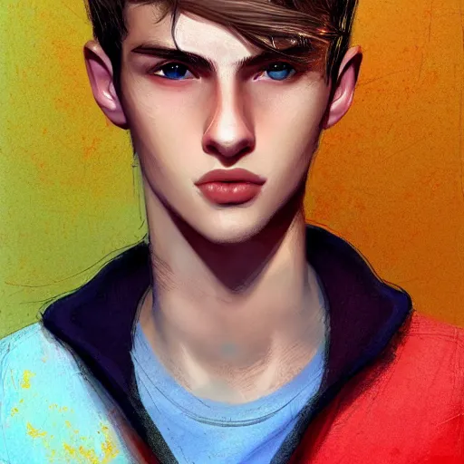 Prompt: colorful Captivating teenage boy with brown blond short quiff hair and thin slightly round facial structure with cleft chin, scruffy beard,bumpy nose, good definition of cheekbones, Alert brown eyes, narrow face, slim body, atmospheric lighting, painted, intricate, 4k, highly detailed by Charlie Bowater