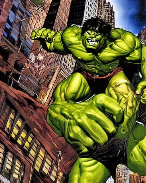 Image similar to a low angle perspective of the incredible hulk on a rampage in new york city by joe jusko. dramatic lighting. action and destruction.