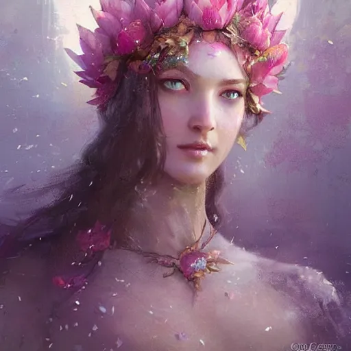 Prompt: Lotus floral crown girl, pink Lotus queen, epic fantasy style art by Craig Mullins, fantasy epic digital art, epic fantasy art by Greg Rutkowski