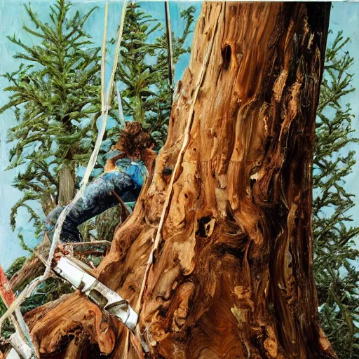 Image similar to high quality high detail painting by lucian freud and jenny saville, hd, cutting a redwood tree, turquoise