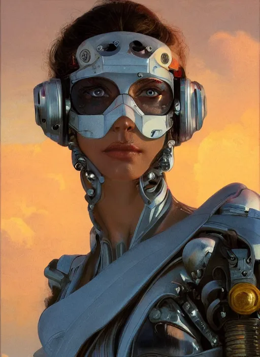 Image similar to symmetry!!! closeup portrait! of a racer pirate girl, cyborg jumpsuit, in clouds, cinematic light, windy, sunrise, by gerald brom, by mikhail vrubel, by peter elson, muted colors, extreme detail, trending on artstation, 8 k