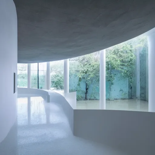 Prompt: a large room with minimalist architecture, partially flooded by blue green water, liminal space, made of all white ceramic tiles, surreal, curving hallways, rounded ceiling, stairs,