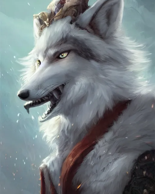 Prompt: a anthropomorphic wolf king with white fur. Renowned character illustration by by Edgar Maxence and Ross Tran