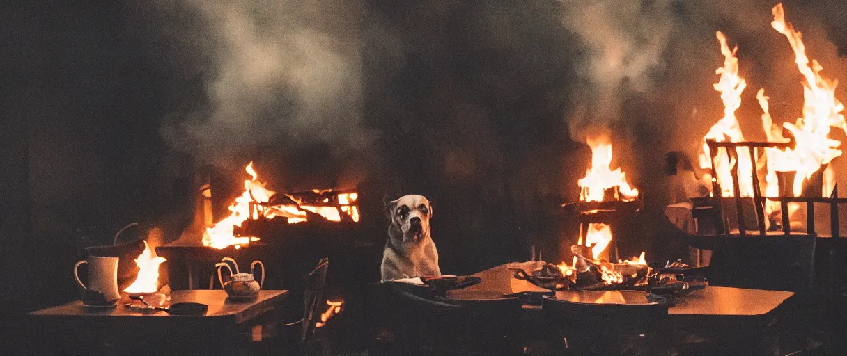 Image similar to a studio photograph (flash on) of a big fire on a dining room on fire, an human-like relaxed dog sitting on a wooden chair at a table (no fire at all there), lights on, ☕ on the table, surrounded by flames, a lot of flames behind the dog, black smoke instead of the ceiling, no watermark