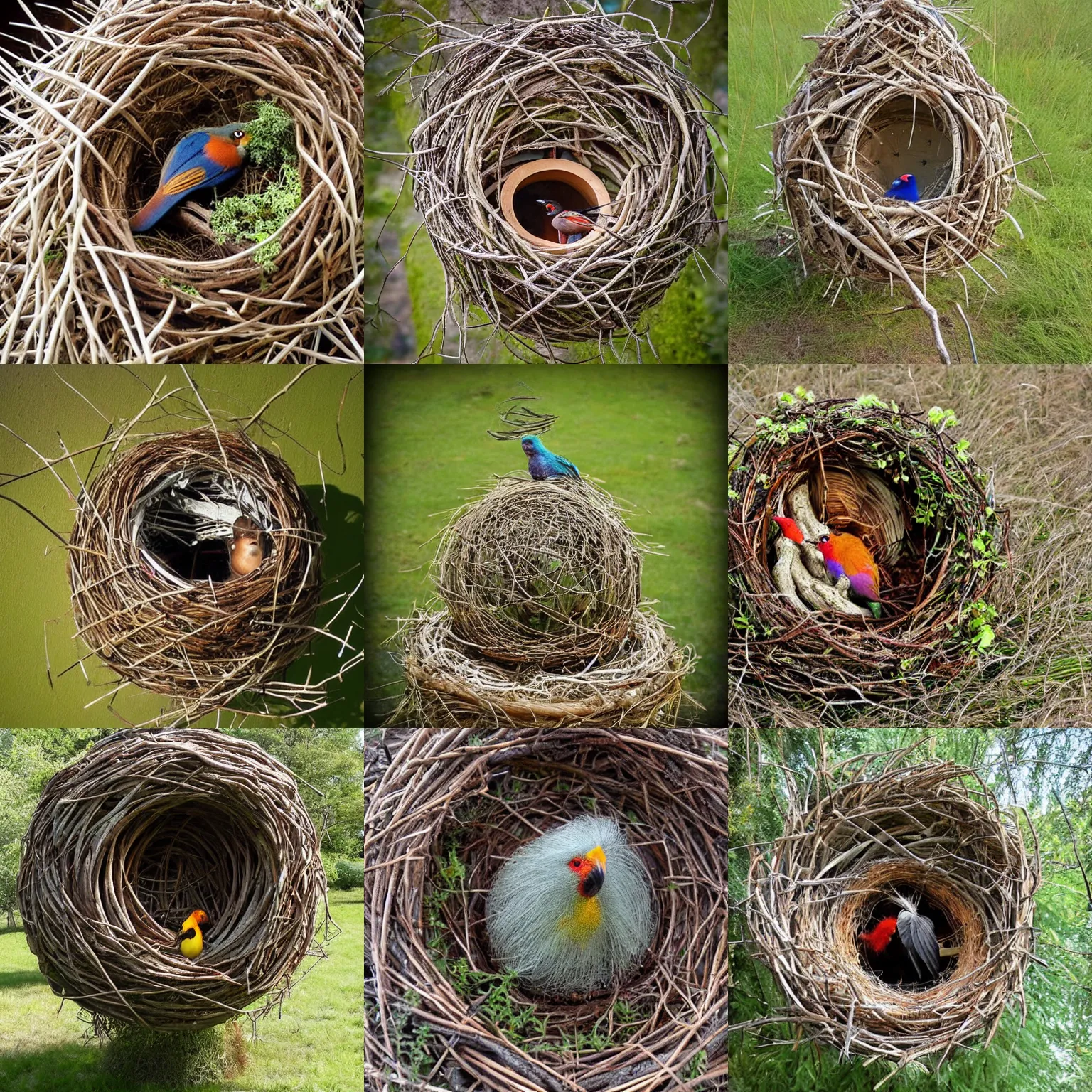 Image similar to exotic bird nesting in an environment art sculpture by Nils-Udo, leaves twigs wood, nature, natural, round form, Bird inside, leaves woven into structure, flowers surround