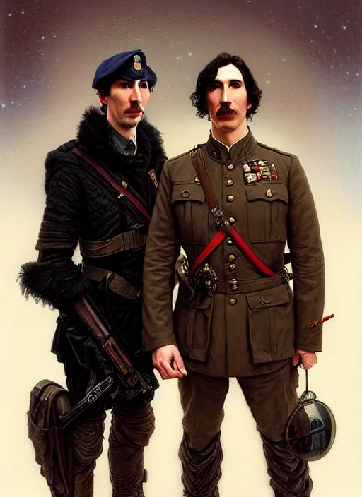 Image similar to a portrait of john oliver and adam driver posing together, stoic, military uniform, fantasy, centered, dark, smoke, fog, art by artgerm and greg rutkowski and alphonse mucha