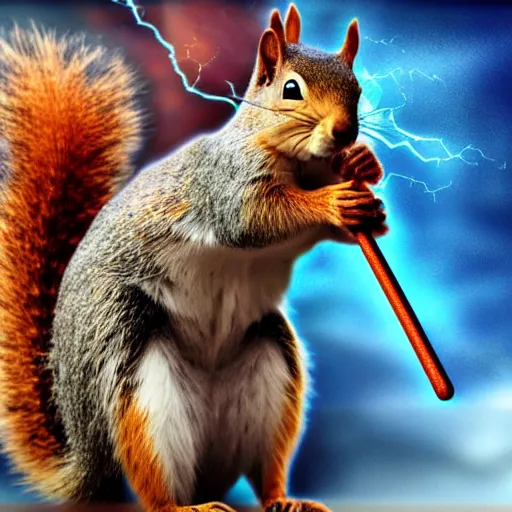 Prompt: the squirrel thor ~ holding his hammer ~ dramatic thunder background ~ trending ~