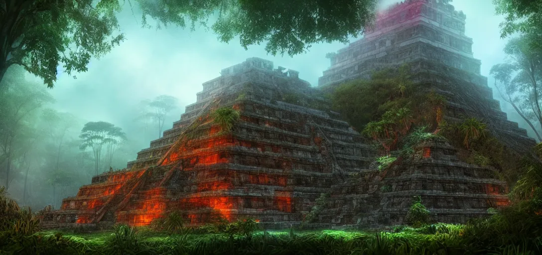 dramatic view of an overgrown ruined ancient mayan | Stable Diffusion