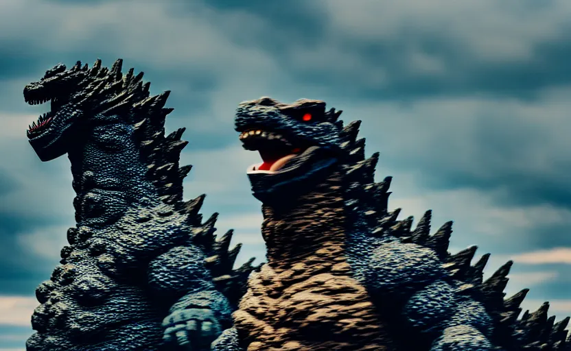 Prompt: photograph of Godzilla in Columbus Ohio, one point perspective, 1-point perspective, tilt shift, sigma 85mm f/1.4, 4k, depth of field, high resolution, 4k, 8k, hd, full color
