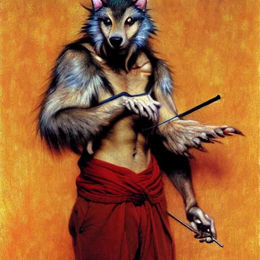 Image similar to a male ratwolfman rat wolf man in a red kimono furry arms furry body. furaffinity furry art detailed face painting by gaston bussiere craig mullins jc leyendecker gustav klimt artgerm greg rutkowski furry