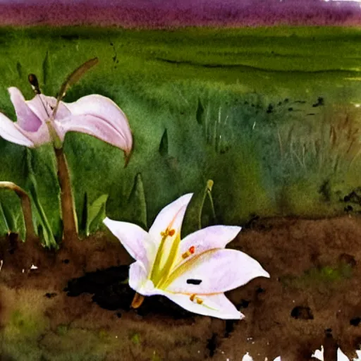 Image similar to a lone lily growing in a field of mud, realistic watercolour