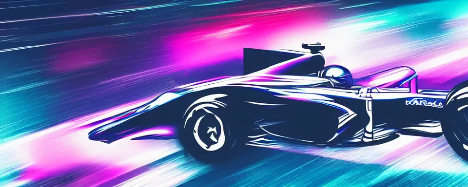 Image similar to formula one car, synthwave illustration, motion blur, blue aesthetic