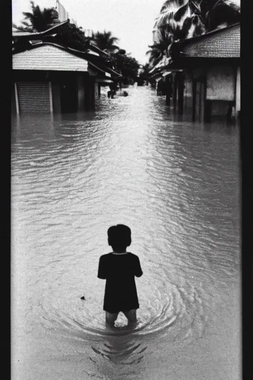 Image similar to photo polaroid of sad and lonely child in the middle of a completely flooded street in bangkok, loneliness, black and white ,photorealistic, 35mm film,