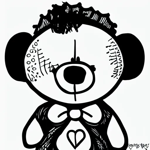 Image similar to Emo teddy bear, black line art, in style of Tim Burton