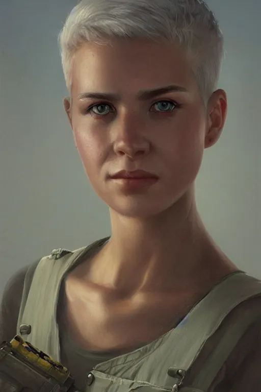 Image similar to portrait of a military engineer woman with short white hair, wearing overalls, medium shot, portrait, concept art, natural lighting, illustration, full color, highly detailed, photorealistic, by greg rutkowski, artstation,