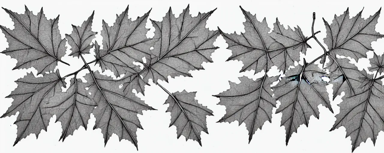 Image similar to a full page schematic diagram illustration of an hybrid between oak leaf and wine leaf, ultra detailed, 4 k, intricate, encyclopedia illustration, fine inking lines