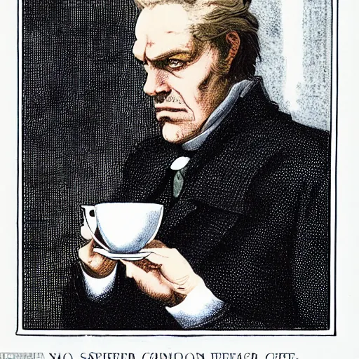 Image similar to boss senator stephen armstrong from the game metal gear solid holds a small porcelain cup with tea from which steam comes out, romanticism style, detailed facial proportions