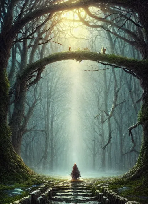 Prompt: book cover!!!!!!!!!!!!, old bridge, fantasy forest landscape, fantasy magic, light night, intricate, elegant, sharp focus, illustration, highly detailed, digital painting, concept art, matte, art by wlop and artgerm and ivan shishkin and andrey shishkin, masterpiece