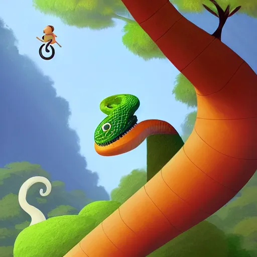 Prompt: Goro Fujita illustrating a snake with geometric figures climbing a large tree in a jungle, art by Goro Fujita, sharp focus, highly detailed, ArtStation