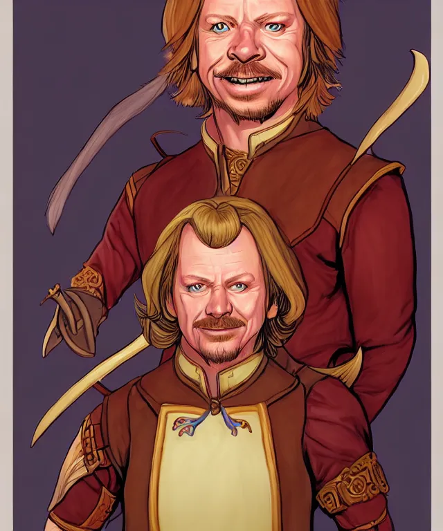 Image similar to a fantasy comic - style full portrait of a halfling maitre'd who looks like david spade, digital illustration by ken taylor and sana takeda and jenny frison, character design, concept art, fine inking lines, vivid colors, dnd, highly detailed!, hd, 4 k, trending on artstation