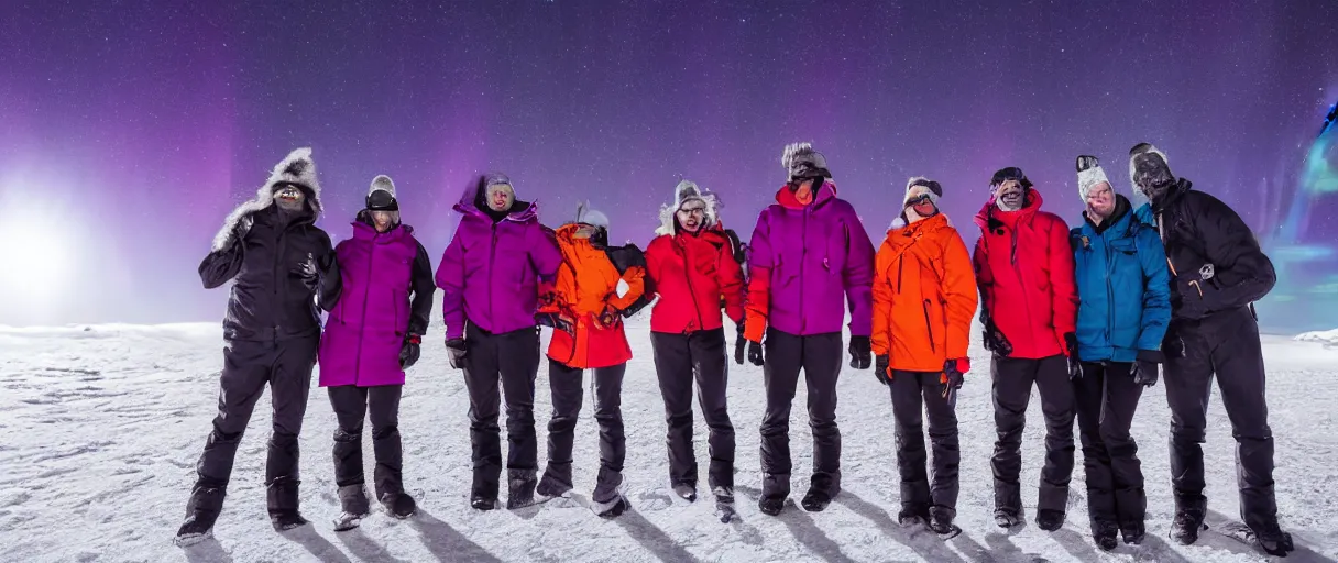 Image similar to a creepy backlit hyper detailed photo realistic vivid close up photograph of a group of six complete people in the snow at night aurora borealis in antarctica running through mcmurdo station base screaming oh my god