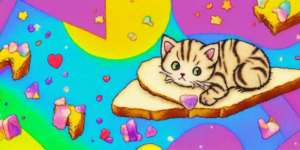 Prompt: a tiny kitten sleeping on a slice of bread, puffy sticker, glitter sticker, kawaii by studio ghibli, by lisa frank 8 k pastel colours, isometric, smeared watercolours,