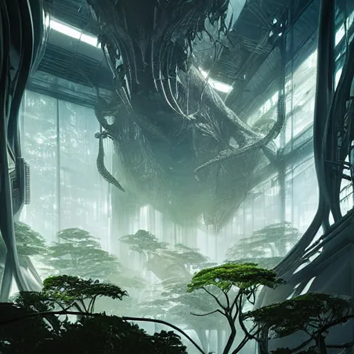 Prompt: epic alien jungle by greg rutkowski inside a giant laboratory by raymond swanland and zaha hadid