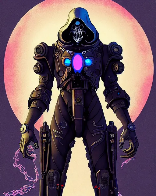 Image similar to reaper from overwatch, character portrait, portrait, close up, concept art, intricate details, highly detailed, vintage sci - fi poster, retro future, in the style of chris foss, rodger dean, moebius, michael whelan, and gustave dore