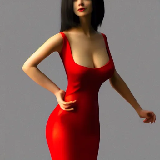 Prompt: woman, red short dress, black hair, octane render, by milo manara, 3 d render, red high heels