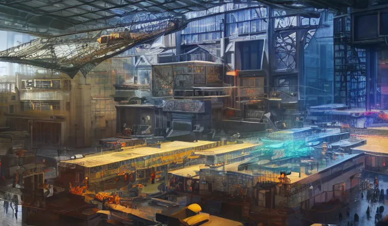 Image similar to group of people in simple warehouse, admiring hologram of futuristic city on a table, cinematic concept art, godrays, golden hour, natural sunlight, 4 k, clear details, tabletop model buildings, center model buildings, hologram center, crane shot, crane shot, crane shot