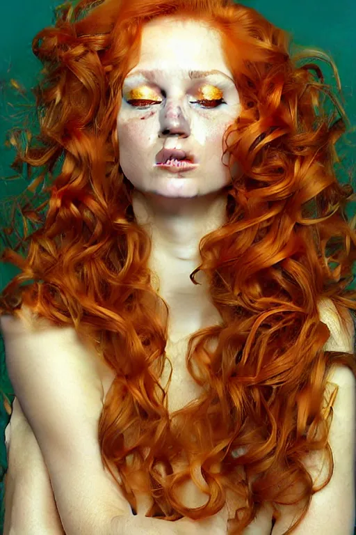 Prompt: hyper realistic painting portrait of a redhead girl with flowing curls and closed eyes, her skin is like gold and turquoise background, hyper detailed face by stjepan sejic, norman rockwell, michael hussar, roberto ferri and ruan jia