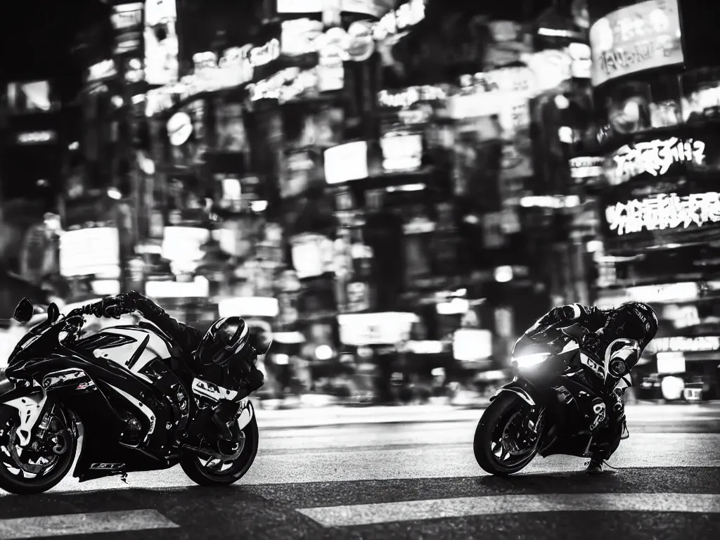 Image similar to a Photorealistic hyperdetailed hyper realistic dramatic moody Low angle night time close up photograph of biker speeding on a GSX R1000 in the middle of busy shibuya crossing Tokyo,multiple light trails by photographer Lindsay Adler,Beautiful dramatic very dark moody tones and lighting,cinematic atmosphere,photorealism,8K