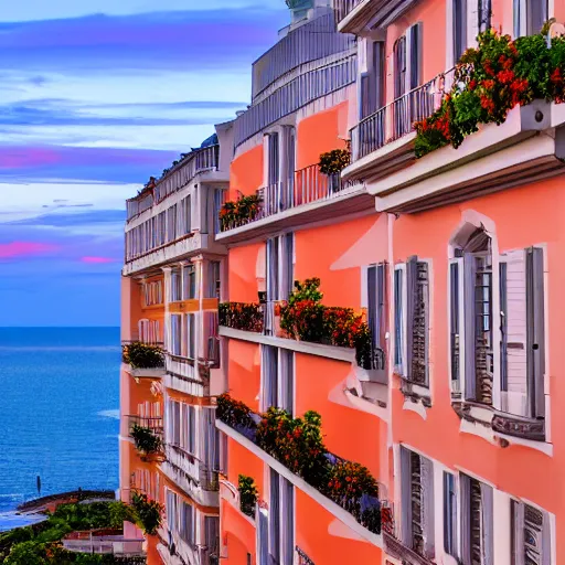 Prompt: a french building. sunset lighting. sea in the background. balconies with flowers.