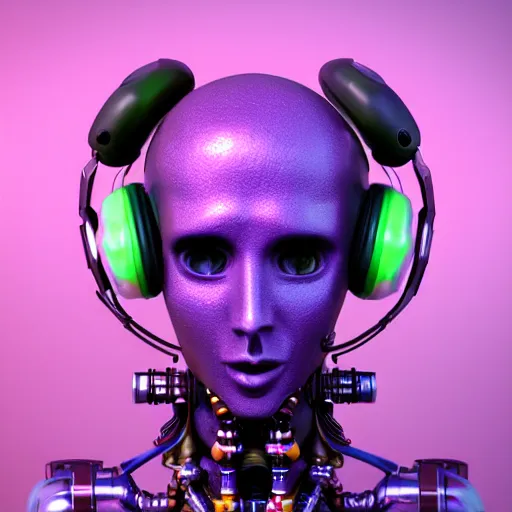 Image similar to a claymodel of a steampunk spaced out futuristic robot head wearing headphones and multicolored tubes, 8 k, front view, symetrical, flourescent colors, halluzinogenic, multicolored, exaggerated detailed, front shot, 3 d render, octane