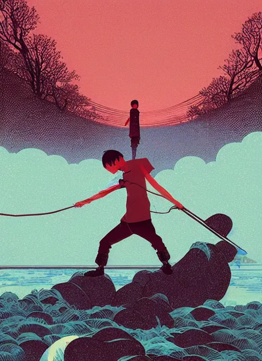 Prompt: nezha killed himself by the river, the storm by ilya kuvshinov and victo ngai