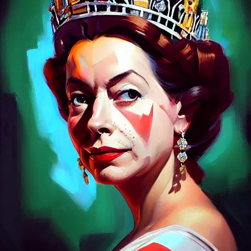 Image similar to greg manchess portrait painting of queen elizabeth ii as overwatch character, medium shot, asymmetrical, profile picture, organic painting, rainy day, matte painting, bold shapes, hard edges, street art, trending on artstation, by huang guangjian and gil elvgren and sachin teng