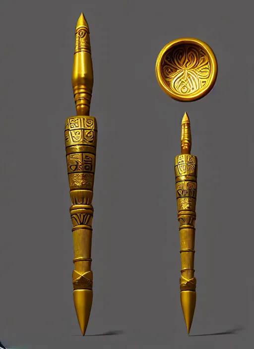 Image similar to rpg item render, a single egyptian gold staff, ancient symbols, bright, Unreal 5, DAZ, hyperrealistic, octane render, dynamic lighting