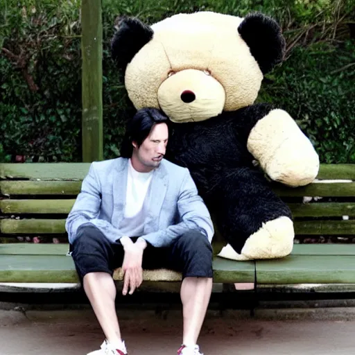 Image similar to sad keanu sitting on bench with huge stuffed teddybear, wide angle