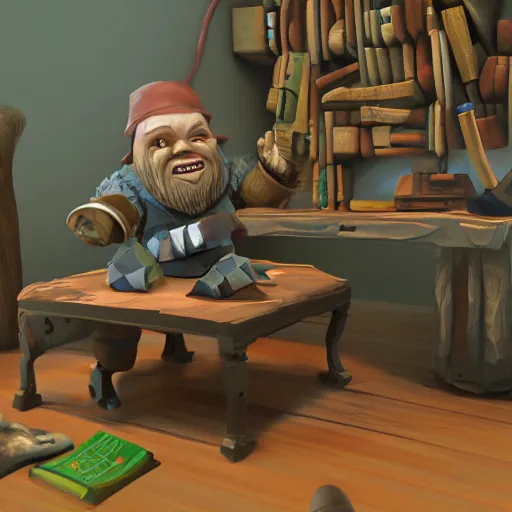 Prompt: A dwarf peeking over his desk surprised like Killroy, the desk is covered in scattered letters, deep rock galactic screenshot, low poly, digital art.