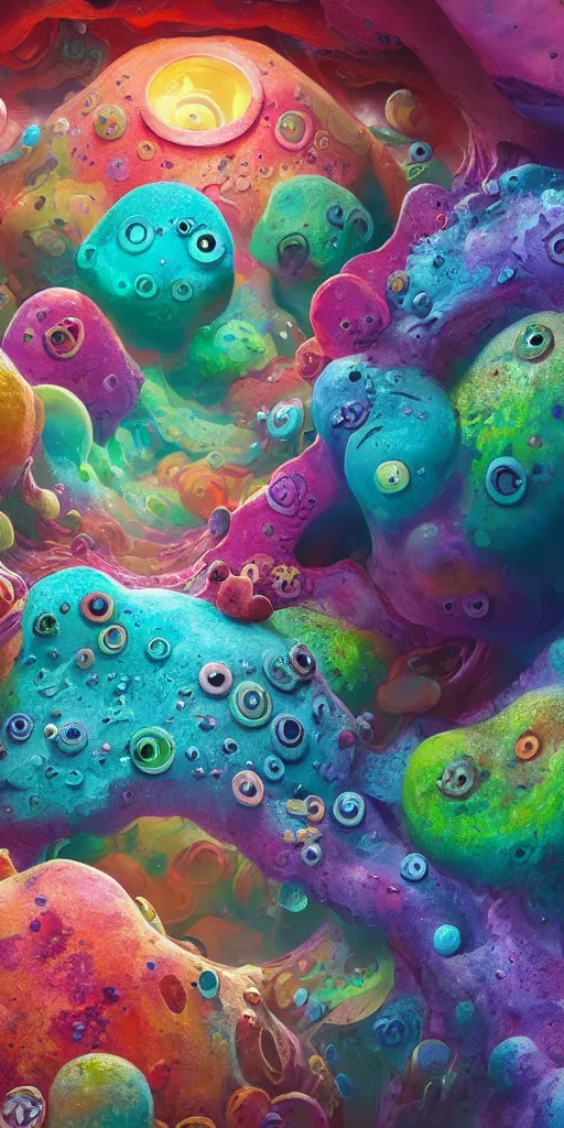 Image similar to of a colorful deep sea crater with strange cute blobby happy creatures with huge eyes, mouth, long tongue and round teeth appearing from smokey background, in the style of gehry and gaudi, macro lens, shallow depth of field, ultra detailed, digital painting, trending artstation, concept art, illustration, cinematic lighting, photorealism, epic, octane render