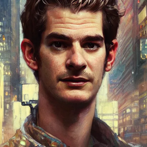 Image similar to andrew garfield, hyperrealistic portrait, bladerunner street, art of elysium by jeremy mann and alphonse mucha, fantasy art, photo realistic, dynamic lighting, artstation, poster, volumetric lighting, very detailed face, 4 k, award winning