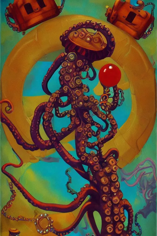 Image similar to !dream An anthropomorphic cephalopod go-go dancer, beautiful female, 1920s steampunk psychedelic rave aesthetic. In the style of Ralph Bakshi and Alain Aslan. Oil on canvas, detailed.