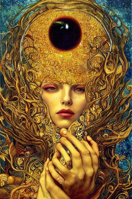 Image similar to Visions of Paradise by Karol Bak, Jean Deville, Gustav Klimt, and Vincent Van Gogh, visionary, otherworldly, fractal structures, ornate gilded medieval icon, third eye, spirals, heavenly spiraling clouds with godrays, airy colors