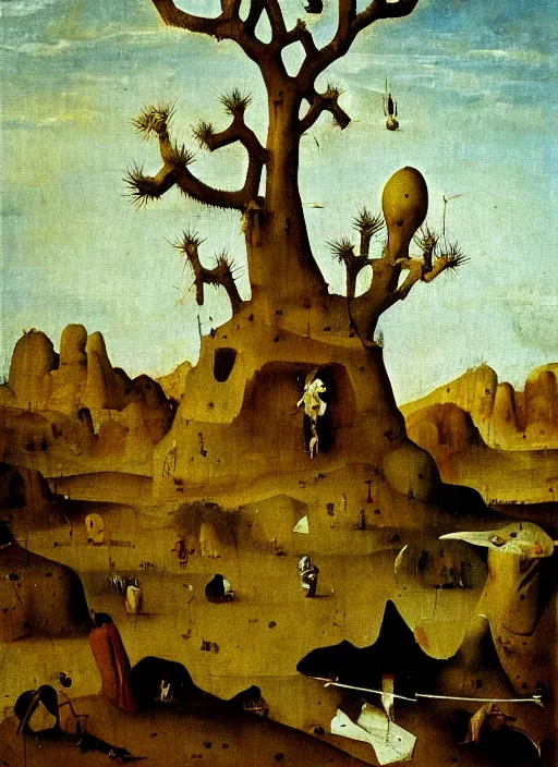 Image similar to Barren Desert by Hieronymus Bosch, Joshua trees, surreal oil painting, highly detailed, dream like, masterpiece