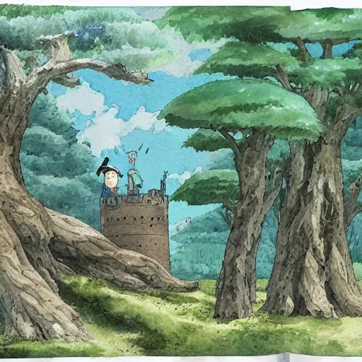 Image similar to laputa castle in the sky robot hayao miyazaki stands in a small clearing among trees, watercolor illustration for a book