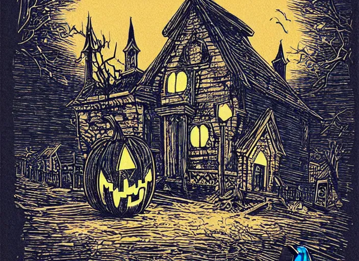 Image similar to blue woodcut print, cartoon halloween pumpkin in graveyard at midnight by greg rutkowski, fine details, highly detailed