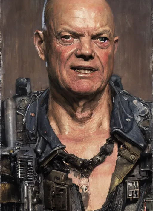 Image similar to dwight eisenhower. cyberpunk mercenary with tattoos wearing a military vest and combat jumpsuit. (Cyberpunk 2077, bladerunner 2049). Iranian orientalist portrait by john william waterhouse and Edwin Longsden Long and Theodore Ralli and Nasreddine Dinet, oil on canvas. Cinematic, hyper realism, realistic proportions, dramatic lighting, high detail 4k