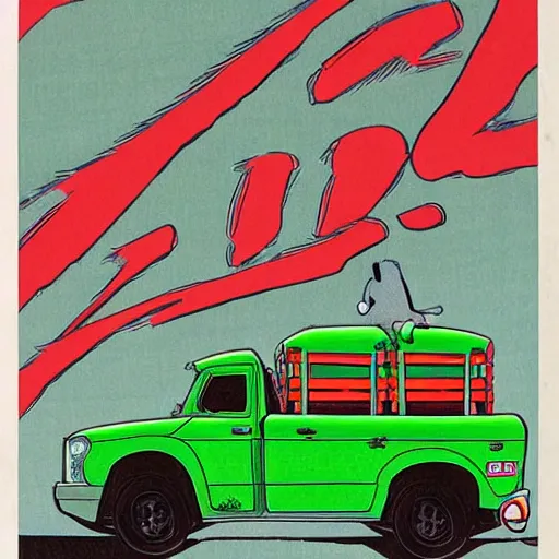 Image similar to a japanese print of a gorillaz album cover, green pickup car, art by akira toriyama.