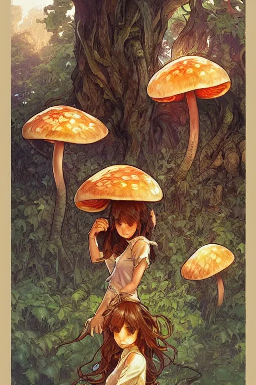 Image similar to mushroom family, manga cover style, D&D, fantasy, highly detailed, digital painting, artstation, concept art, sharp focus, illustration, art by artgerm and greg rutkowski and alphonse mucha