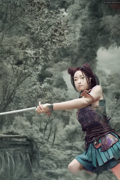 Image similar to highly detailed beautiful photo of a young female samurai, practising sword stances in a temple, symmetrical face, beautiful eyes, realistic anime art style, 8 k, award winning photo, pastels, action photography, 1 / 1 2 5 shutter speed, dramatic lighting